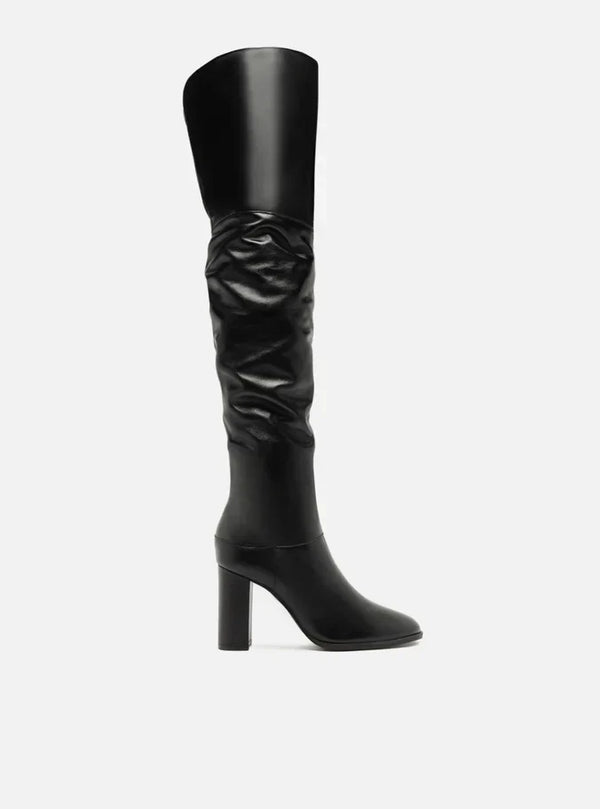 Bota Over The Knee Preta Couro Salto Alto